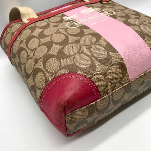 Coach Brown Monogram Canvas Pink Heritage Stripe Tote Bag 11349 - Picture 7 of 11